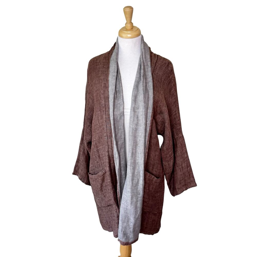 FILOSOFIA 100% Cotton Open Front Longline Cardigan Brown w/ Gray Collar XS/S